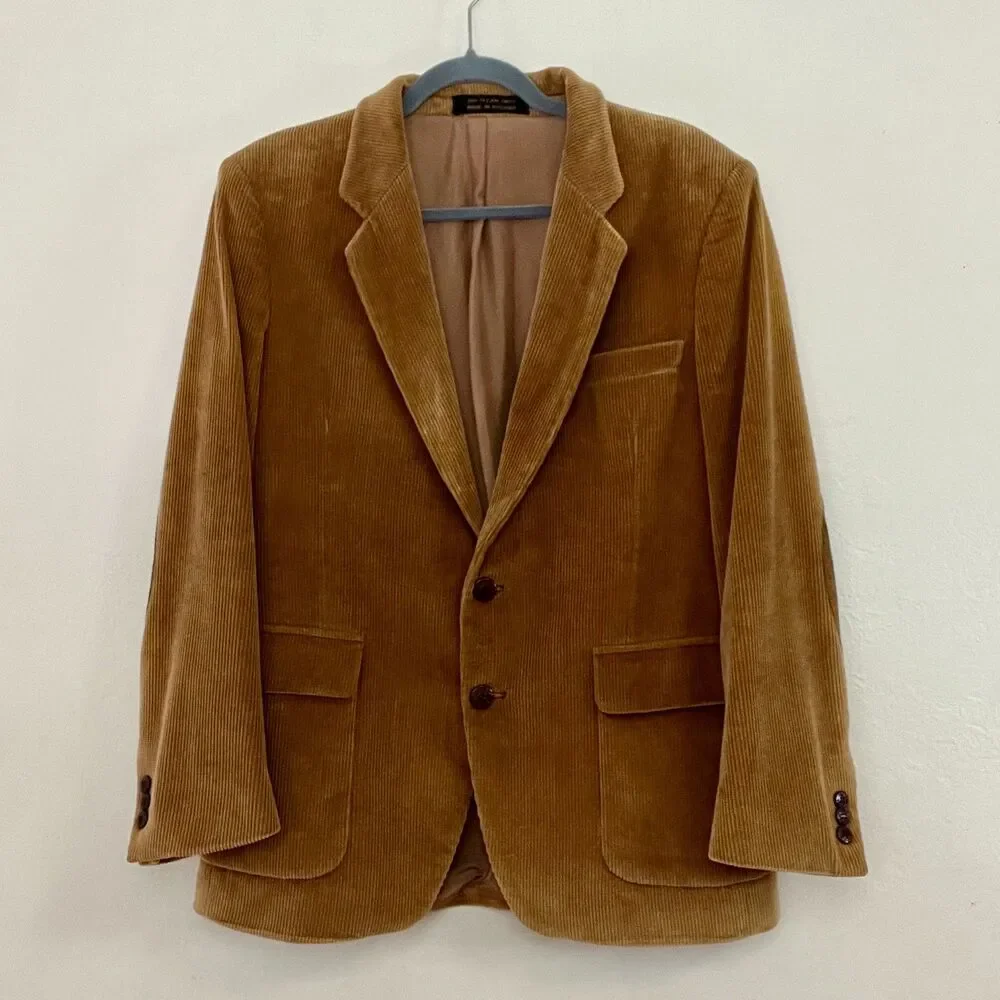 VTG 70s Richman Brothers Tan Corduroy Blazer Ivy League Suede Elbow Patches 40S